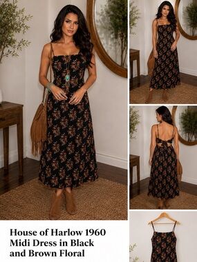 House of Harlow 1960 Midi Dress in Black and Brown floral